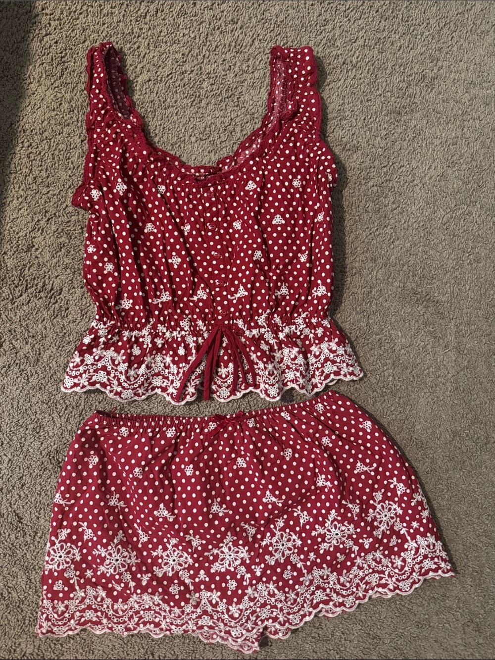 Red Floral Eyelet Two-Piece Tank & Skirt Set